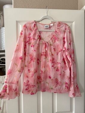 jason maxwell Pink Floral Tie-Neck Long Sleeve Blouse